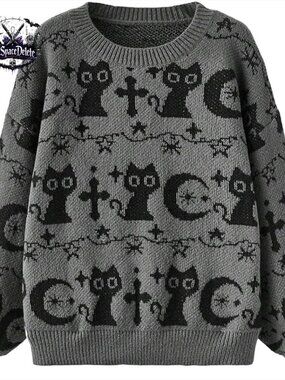 Goth Cartoon Pattern Sweater Pullover Long Sleeve Crewneck Knit Top
